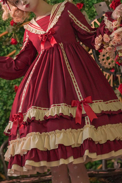 Court Style Long Sleeves High Waisted Bowknot Ruffled Multi-layer Classic Lolita Op Dress