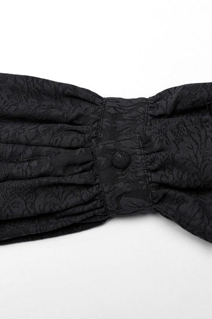 Black Stand Collar Long Puff Sleeves Jacquard Print Gothic Blouse With Necktie