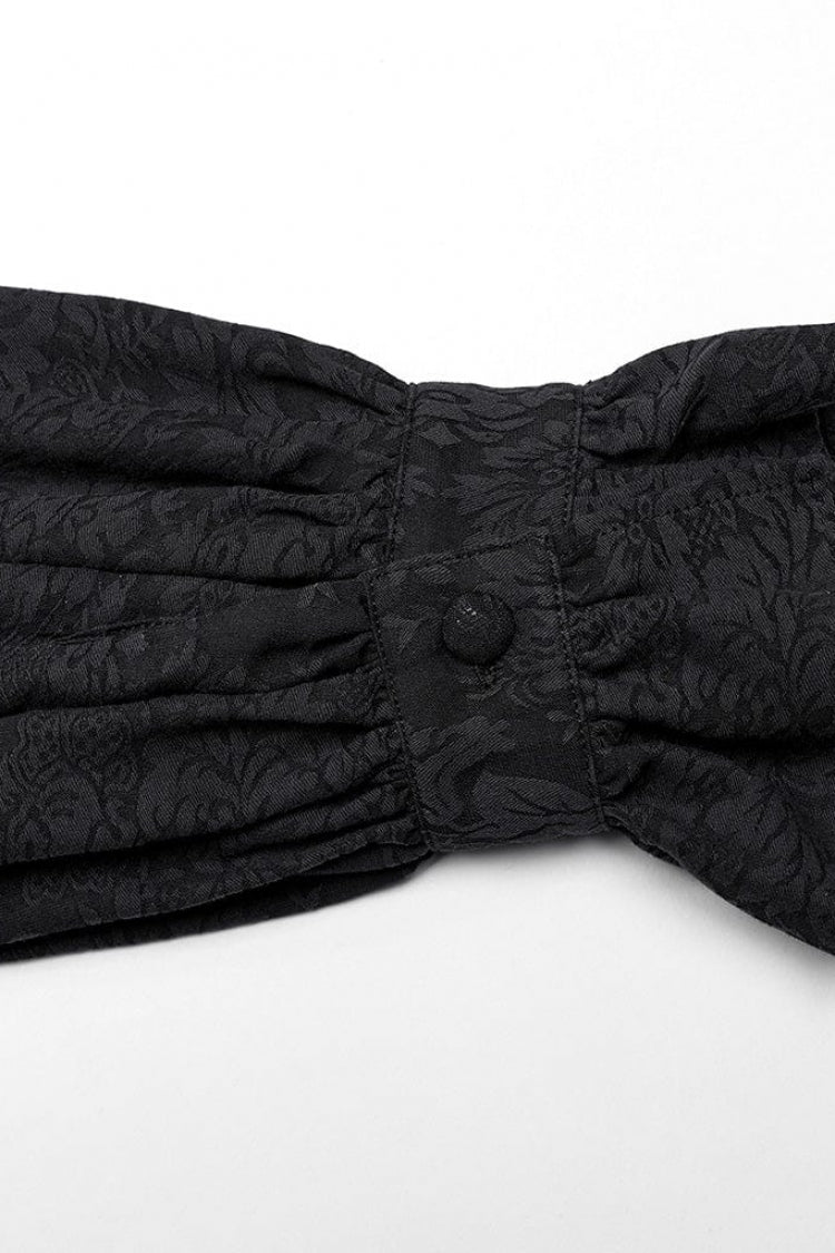 Black Stand Collar Long Puff Sleeves Jacquard Print Gothic Blouse With Necktie