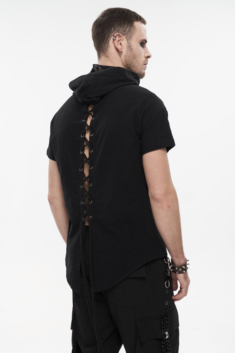 Black Hooded Mesh Splice Zipper Back Openwork Lace-up Short Sleeve Punk T-shirt