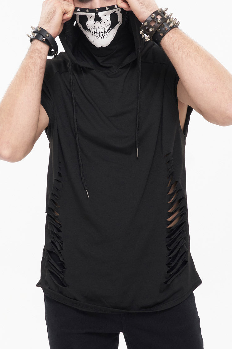 Black Skull Print Super High Neck Masked Rivet Hole Hooded Short Sleeve Punk T-shirt