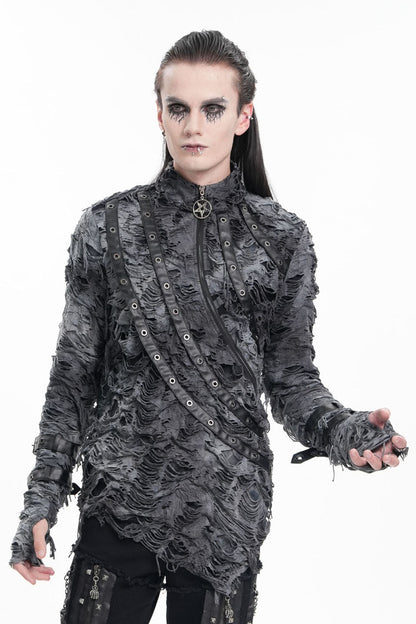 Black Stand Collar Ripped Eyelets Strap Gothic T-shirt
