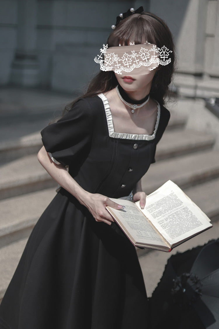 Black [random Thoughts] Square Collar Short Sleeves Ruffle Classic Lolita Dress