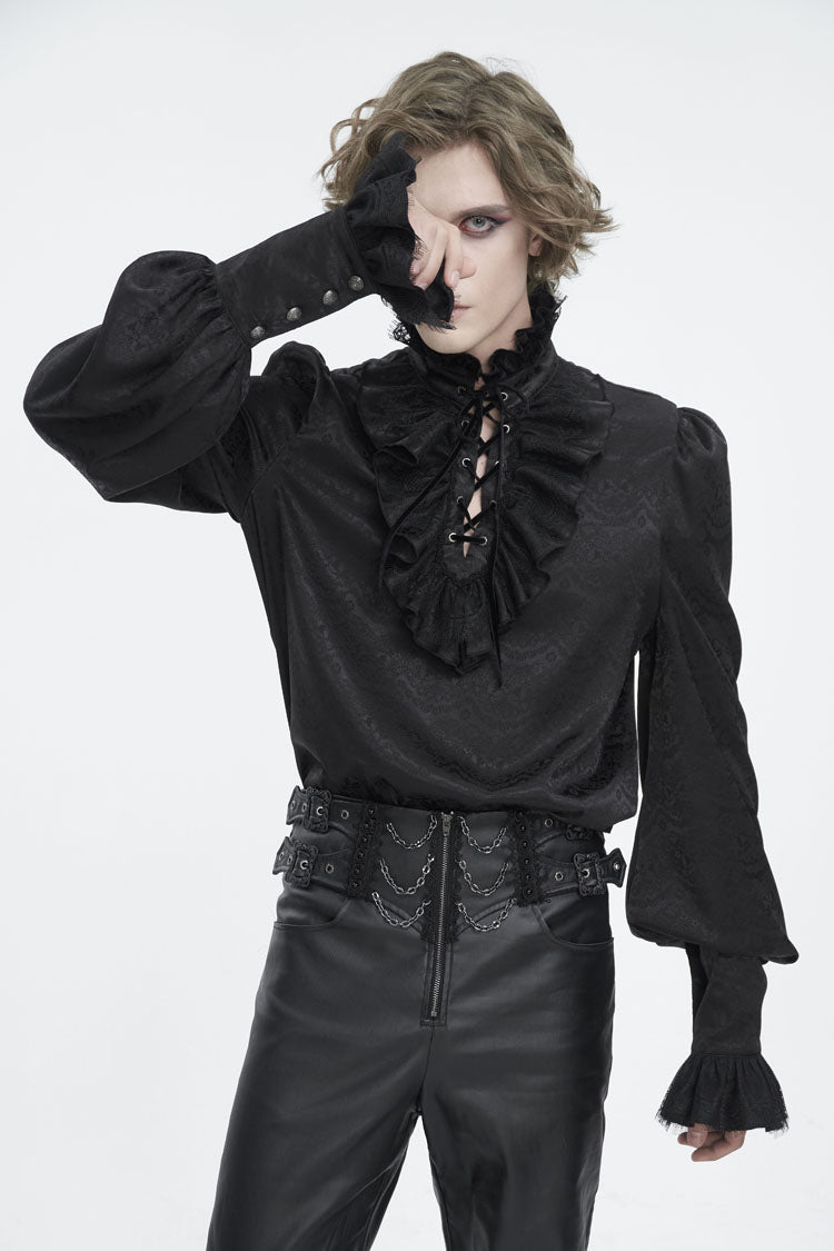 Black Stand Collar Long Sleeves Jacquard Ruffle Gothic Blouse