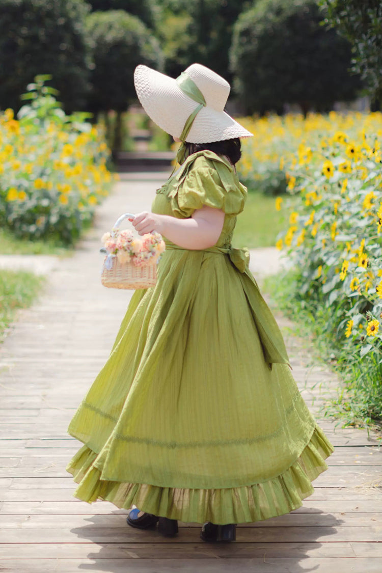 Green [forest Gallery] Square Collar Short Sleeves Ruffled Bow Classic Lolita Dress