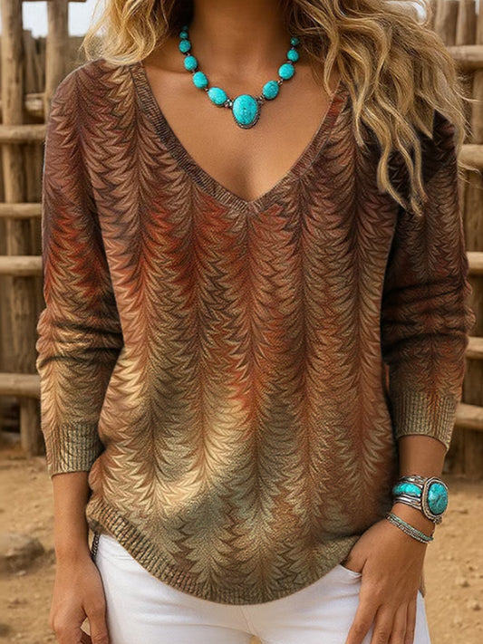 Women's Retro Western Print Drop Shoulder Sweater elevenforest