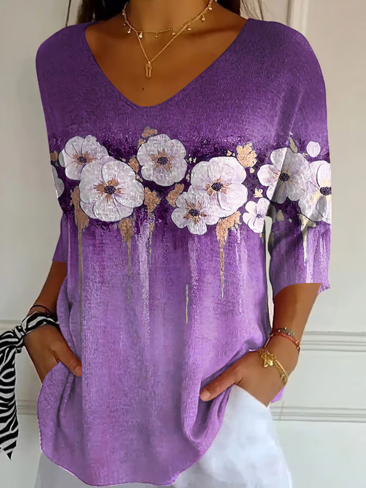 Women's Purple Floral Print Striped Fabric Casual V-neck T-shirt elevenforest