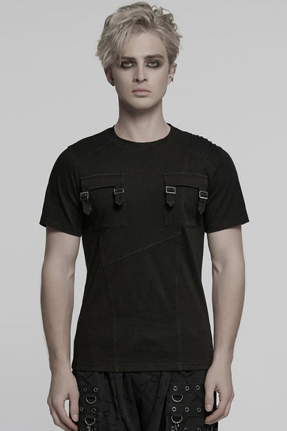 Black Round Collar Short Sleeves Pocket Denim Punk T-shirt