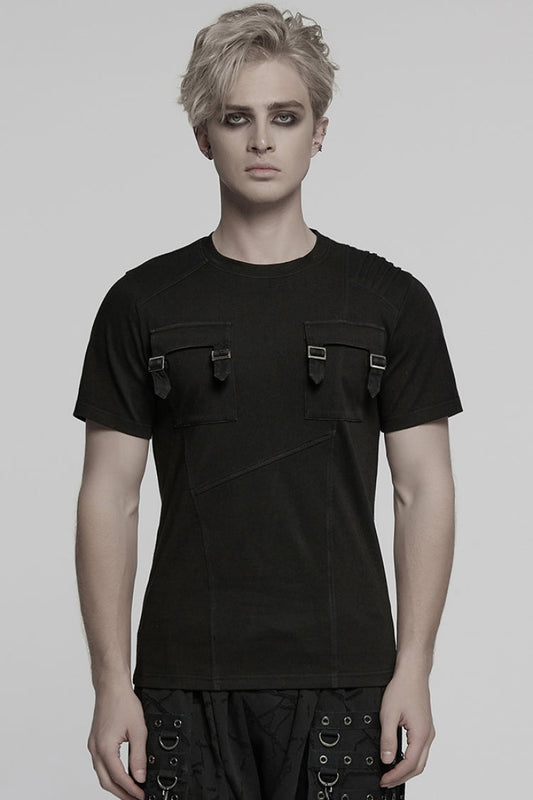 Black Round Collar Short Sleeves Pocket Denim Punk T-shirt