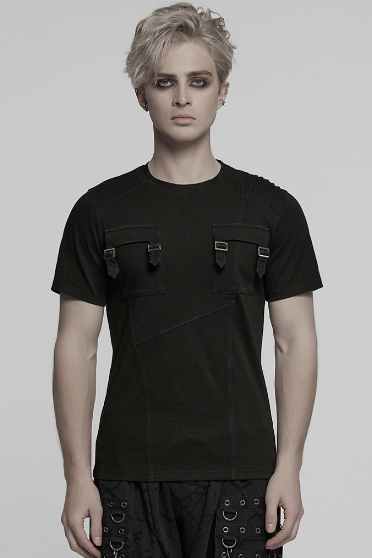 Black Round Collar Short Sleeves Pocket Denim Punk T-shirt