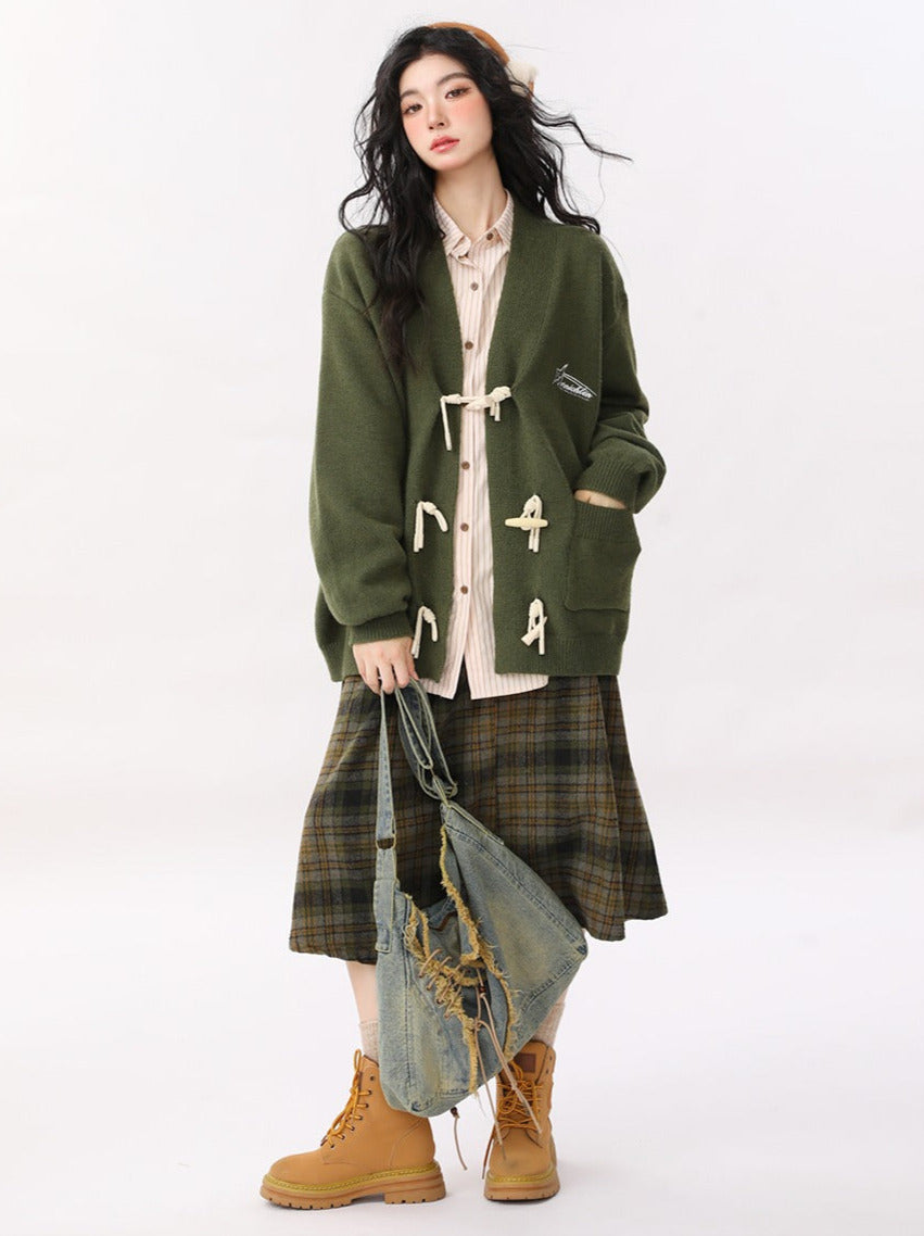 Retro Green Horn Button Cardigan Knit Jacket + Striped Shirt + Check Skirt