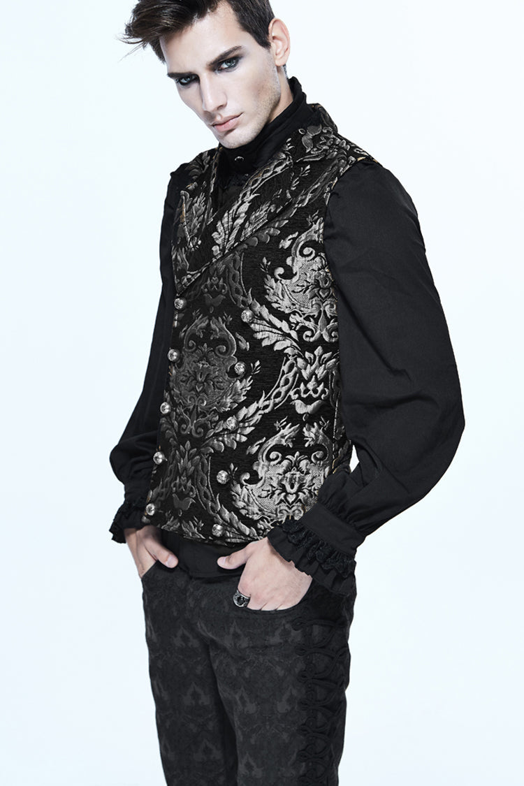 Black/silver Palace Short Big Jacquard Pattern Gothic Waistcoat