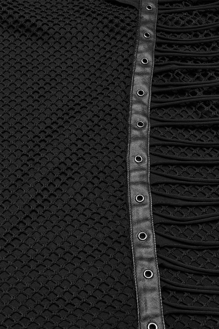 Black Round Collar Sleeveless Stitching Mesh Buckle Punk Vest