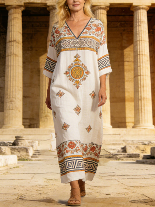 Comstylish Vintage Greek Floral Women's Linen V-neck Maxi Dress