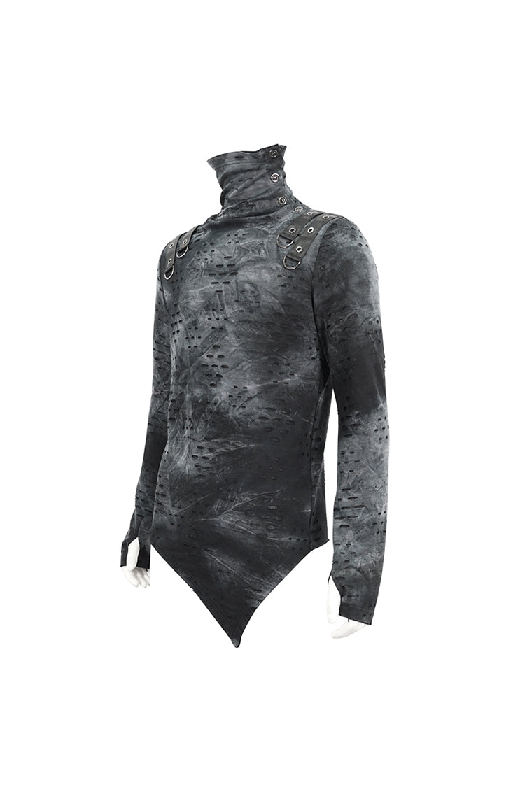 Grey/black Lrregular Ripped Stand Collar Punk Shirt