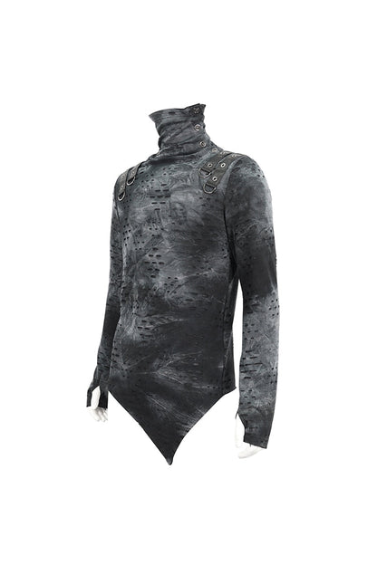 Grey/black Lrregular Ripped Stand Collar Punk Shirt