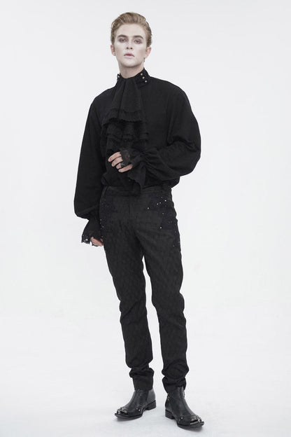 Black Puff Sleeved Ruffled Lace Splice Gothic Shirt
