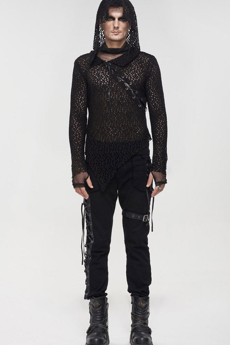 Black Punk Long Sleeve Elasticity Big Hole Mesh Drawstring Design Irregular Hooded Shirt