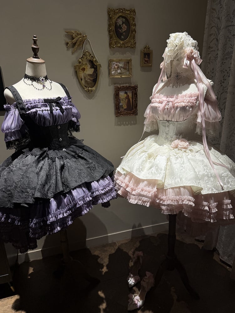 [pre-order Deadline: April 28] Purple X Black Gothic Lolita Corset Layered Jsk Dress + Off-shoulder Lace Puff Top