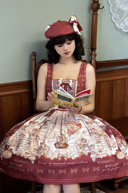 Wine Red [fox Band] Print Square Collar Bowknot Classic Lolita Jumper Dress