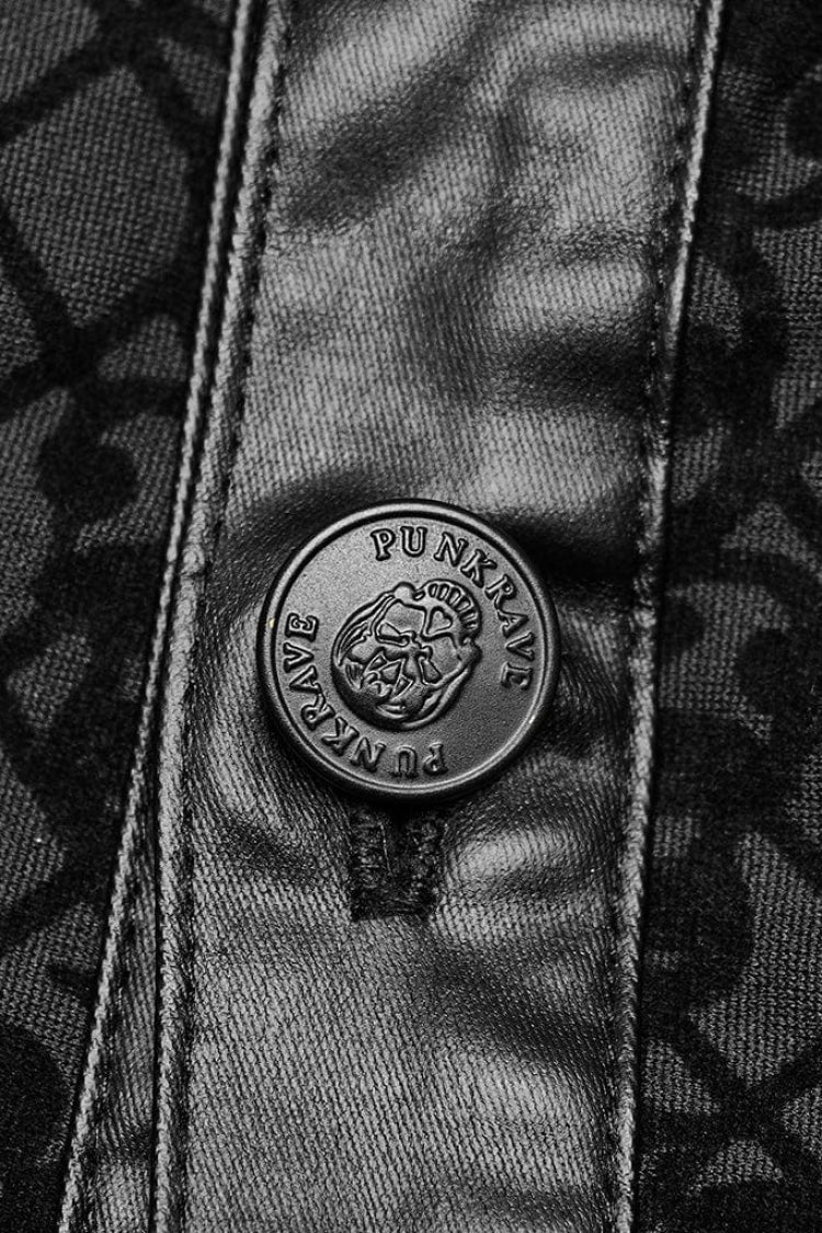 Black Print Faux Leather Stitching Skull Button Decorated Gothic Blouse