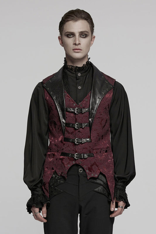 Black/red Lapel V-neck Sleeveless Jacquard Buckle Gothic Vest