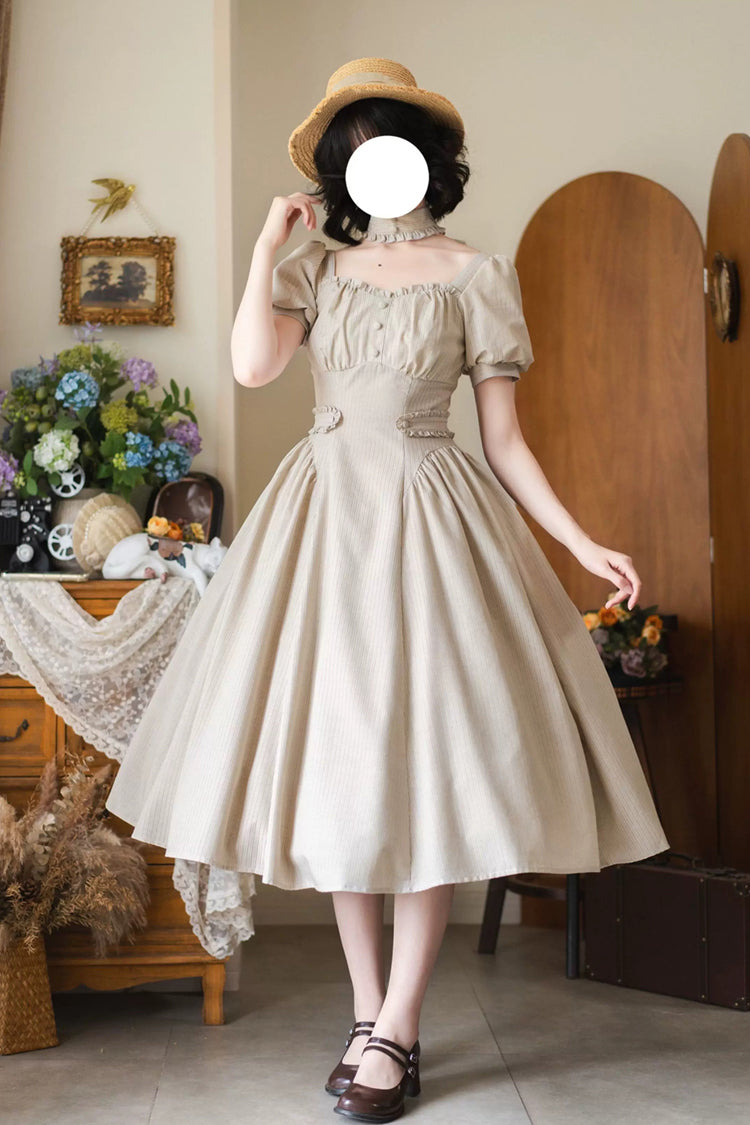 Light Khaki [chantilly Forest] Square Collar Short Sleeves Striped Printed Ruffled Classic Lolita Dress