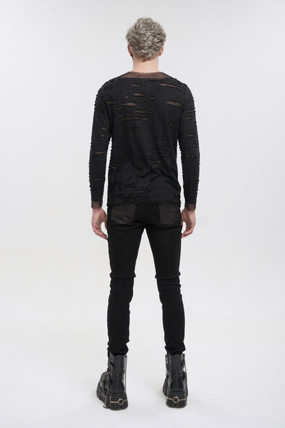 Black Diamond Mesh Irregular Hole Long-sleeved Punk T-shirt