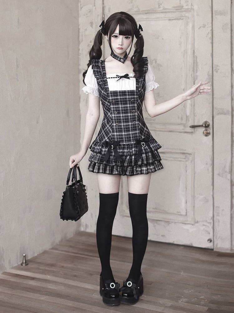 [pre-order Deadline: April 29] Black Check Ruffle Ribbon Puff Sleeve Mini Dress Set + Choker