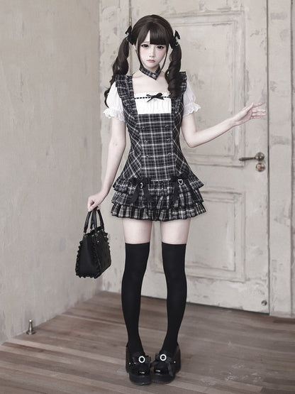 [pre-order Deadline: April 29] Black Check Ruffle Ribbon Puff Sleeve Mini Dress Set + Choker