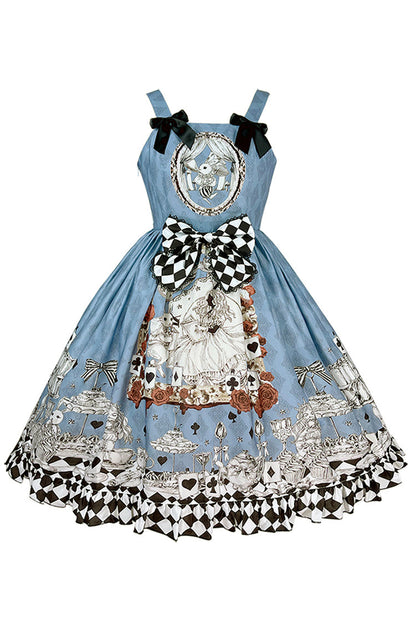 Multi-color Blue Alice Bunny and Princess Party Print Sleeveless Bowknot Classic Gothic Lolita Jsk Dress
