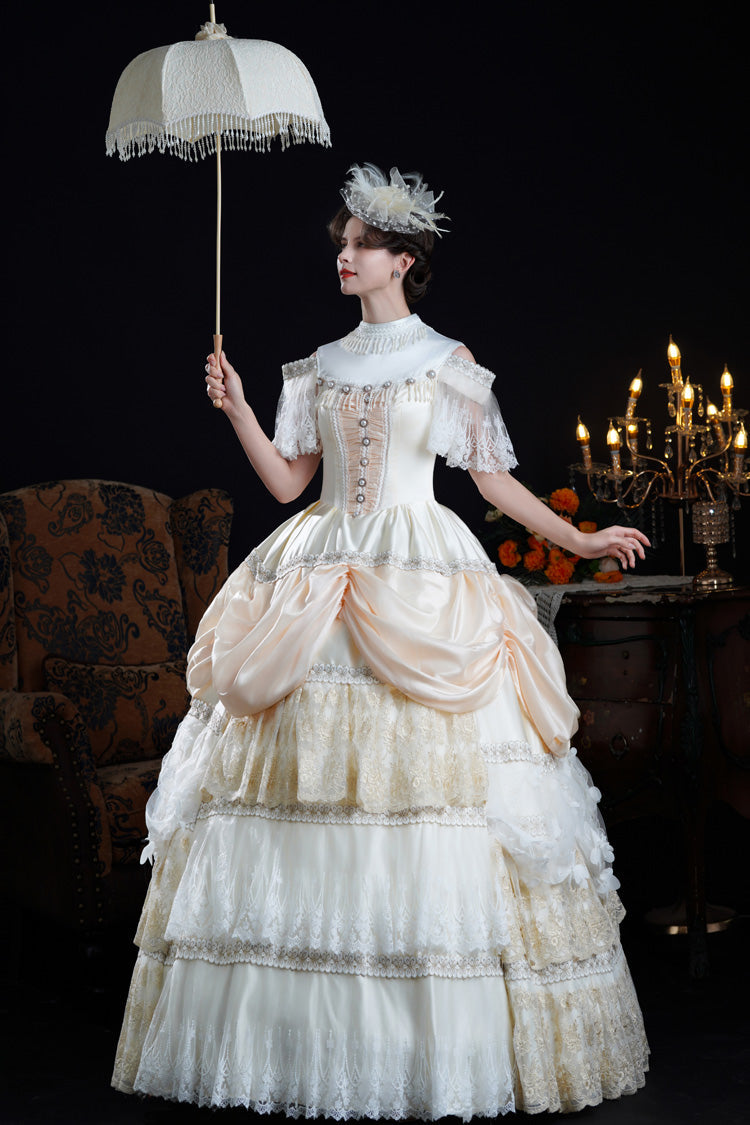Champagne Stand Collar Multi-layered Ruffled Lace Classic Palace Victorian Lolita Dress