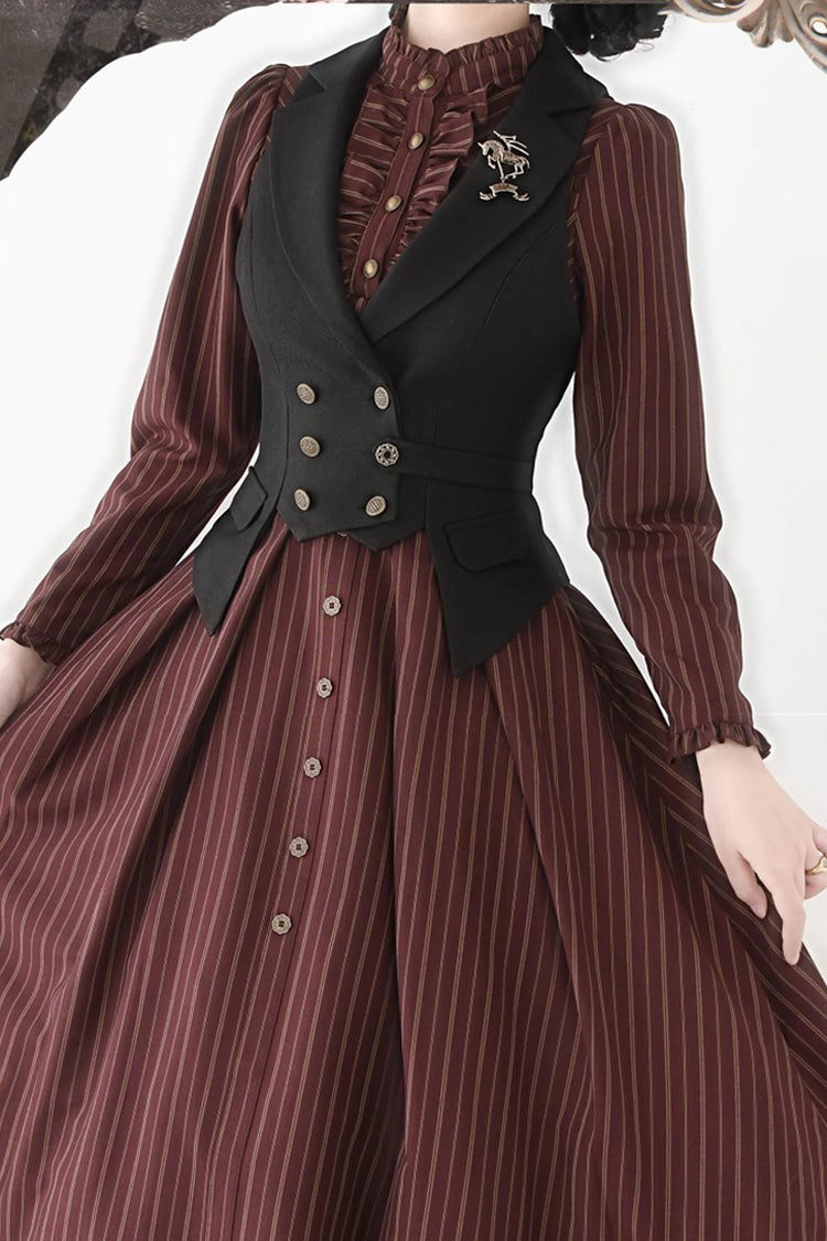 [forest Castle] Stand Collar Long Sleeves Striped Printed Ruffled Classic Lolita Dress 3 Colors