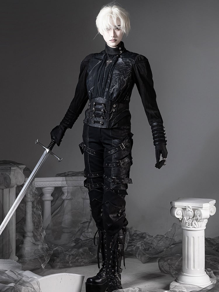 [pre-order Deadline: June 8] Phantom Knight Dark Gothic Prince Waist Button Detail Black Top