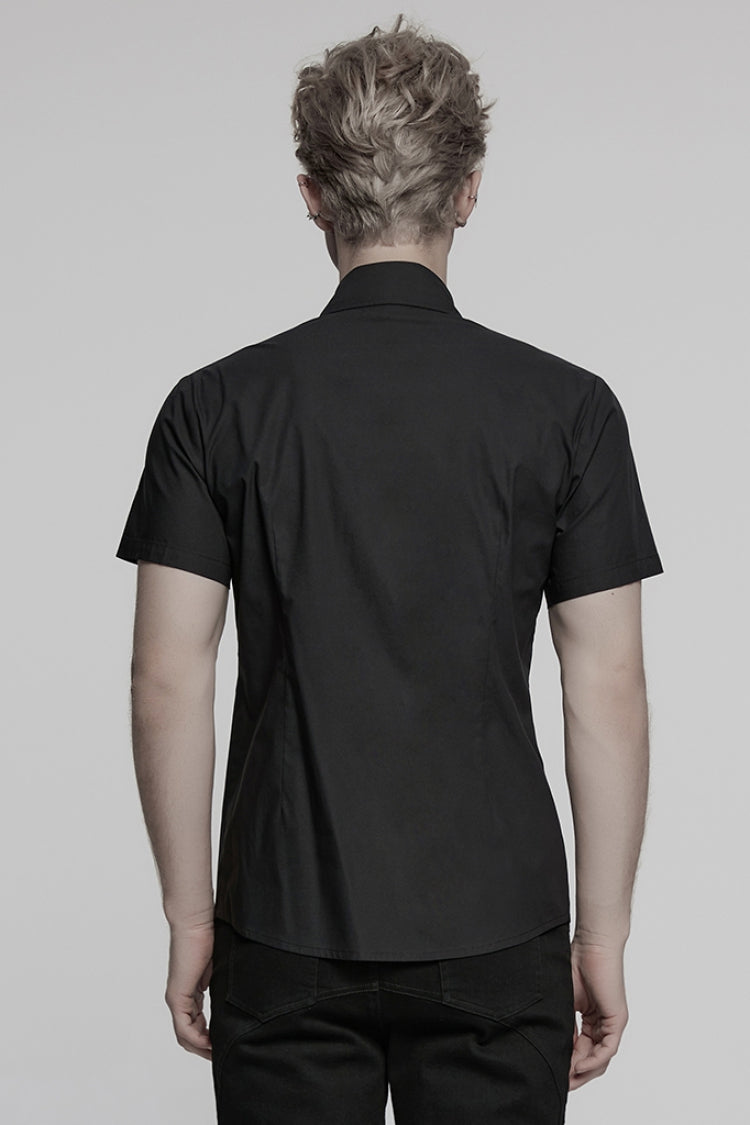 Black Lapel Collar Short Sleeves Pocket Eyelet Punk Blouse