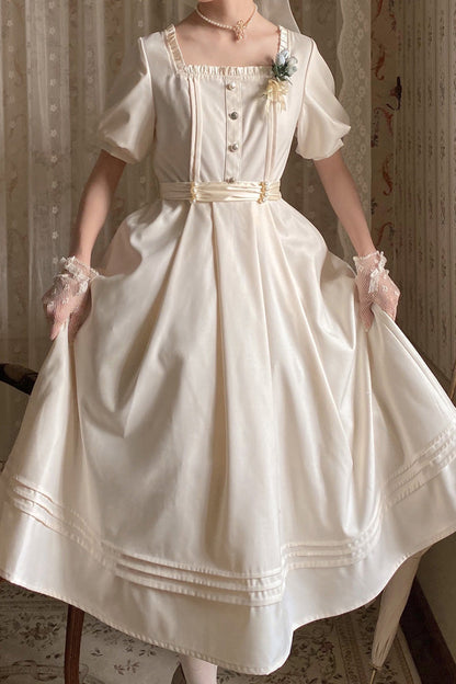 Apricot [random Thoughts] Square Collar Short Sleeves Ruffle Classic Lolita Dress