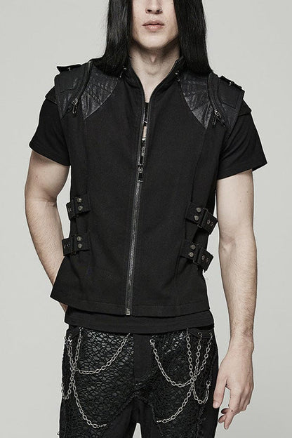 Black Stand Collar Side Waist Webbing Decorative Stitching Steampunk Vest