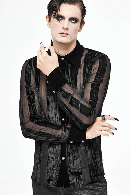 Black Striped Velvet Fold Mushroom Metal Buckles Long Sleeve Irregular Gothic Shirt
