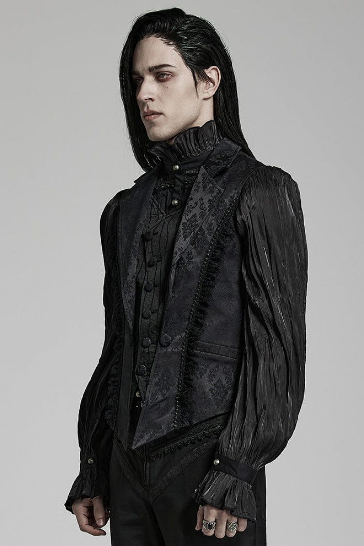 Black Lapel Collar Multi-layer Print Ruffle Lace Gothic Vest