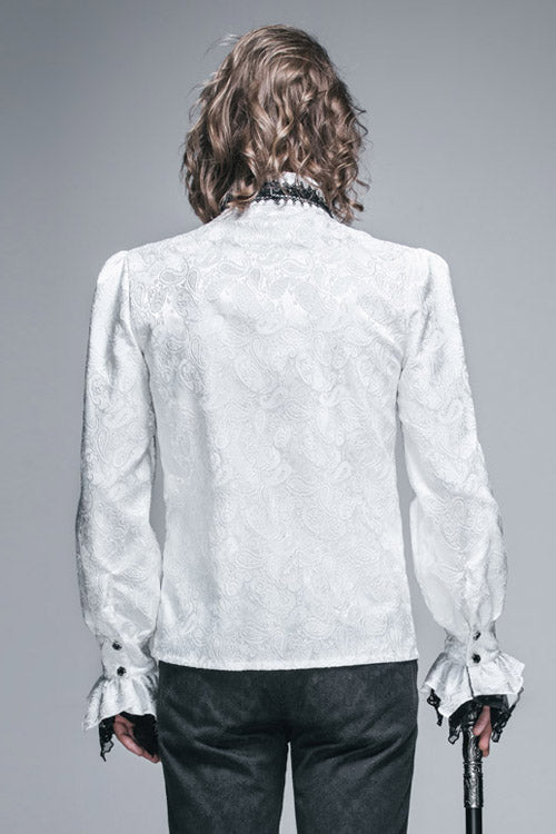 White Shining Rose Print Lace Cuff Gothic Blouse