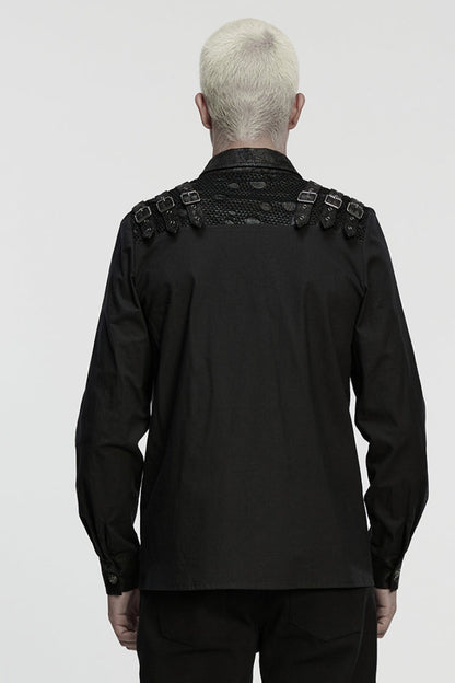 Black Lapel Collar Long Sleeves Stitching Buckle Straps Punk Blouse