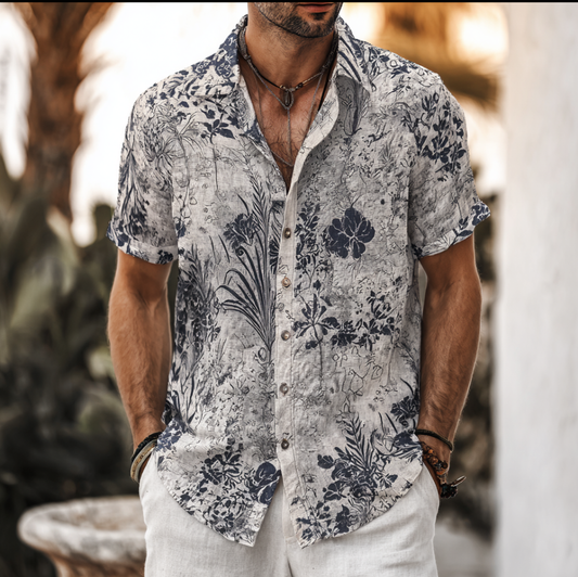 Bohemian Style Plant And Flower Pattern Men's Retro Cotton And Linen Shirt elevenforest