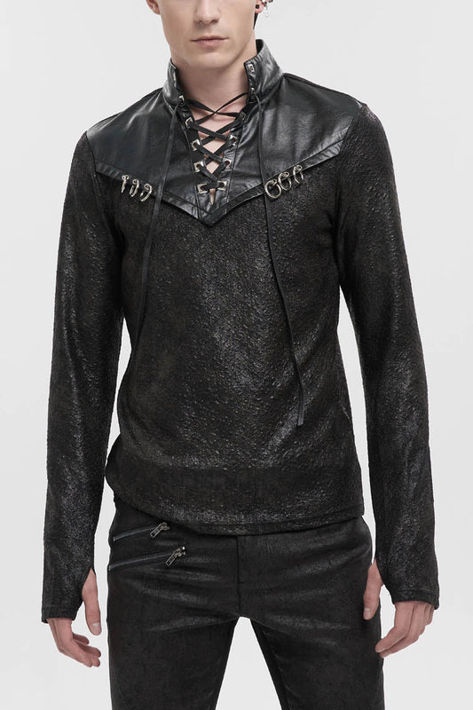 Black Stand Collar Long Sleeves Faux Leather Splice Gothic Shirt