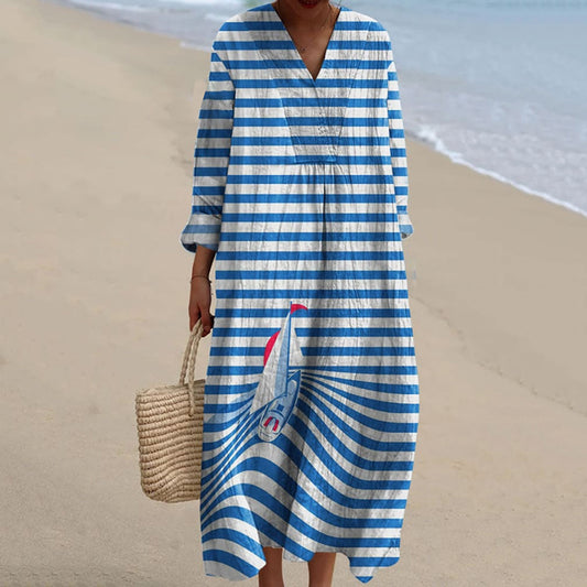 Comstylish Women's Retro Striped Sailboat Print Cozy Linen Dress