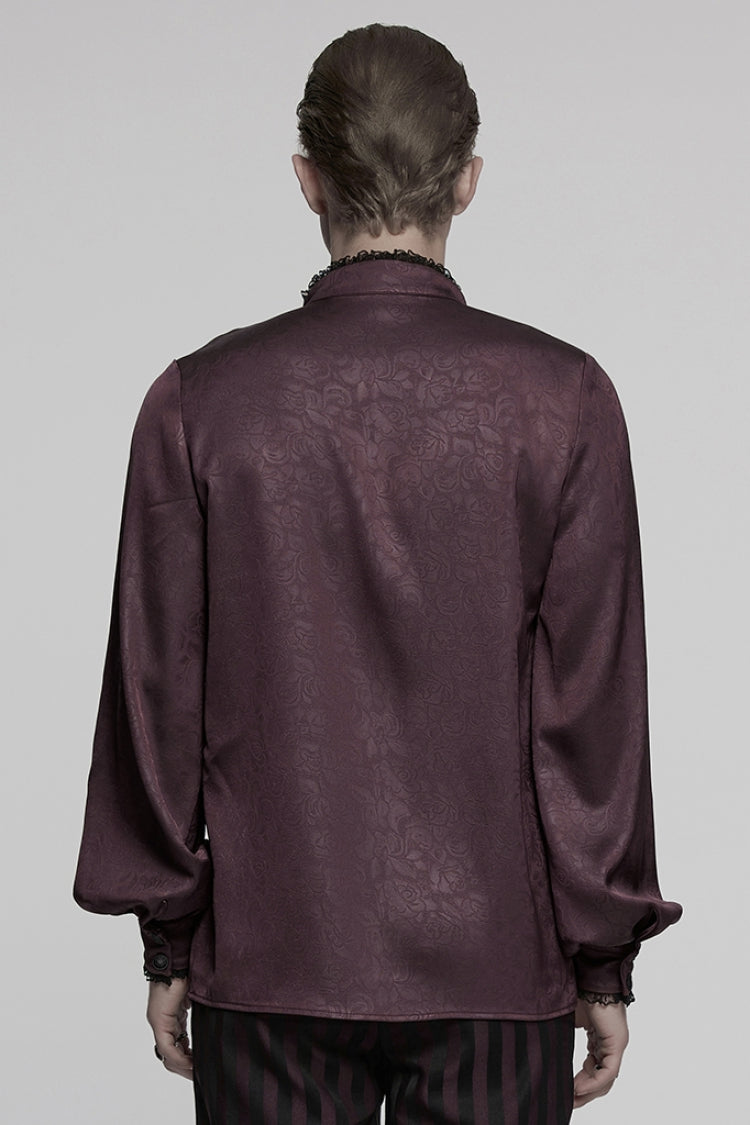 Red Stand Collar Long Sleeves Ruffle Embroidery Lace-up Plunging Rose Gothic Blouse