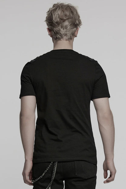 Black Round Collar Short Sleeves Studded Buckle Strap Punk T-shirt