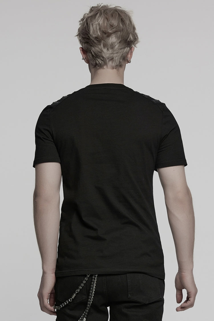 Black Round Collar Short Sleeves Studded Buckle Strap Punk T-shirt