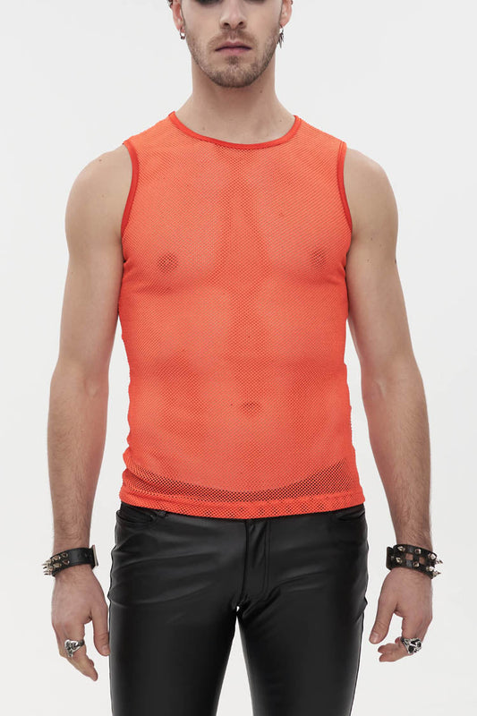 Orange Elasticity Perspective Rhombus Net Yarn Sleeveless Gothic T-shirt