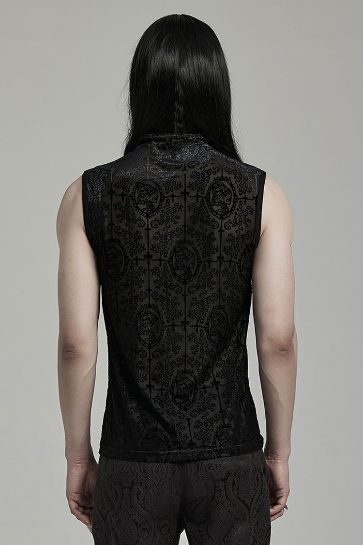 Black Sleeveless Beaded Cross Flocking Print Gothic Tank Top