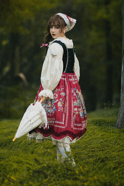 Wine Red [ode to Plenty] Berries and Birds Print Ruffle Bowknot Velvet Classic Lolita Breast Support Jsk Dress